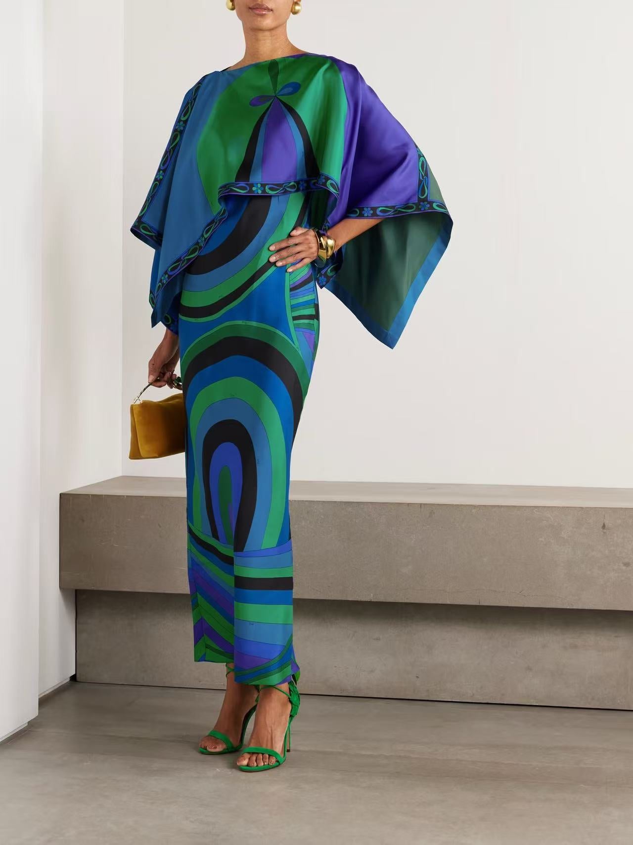 Pucci 2026 Layered Printed Maxi Dress Blue Green Purple Silk