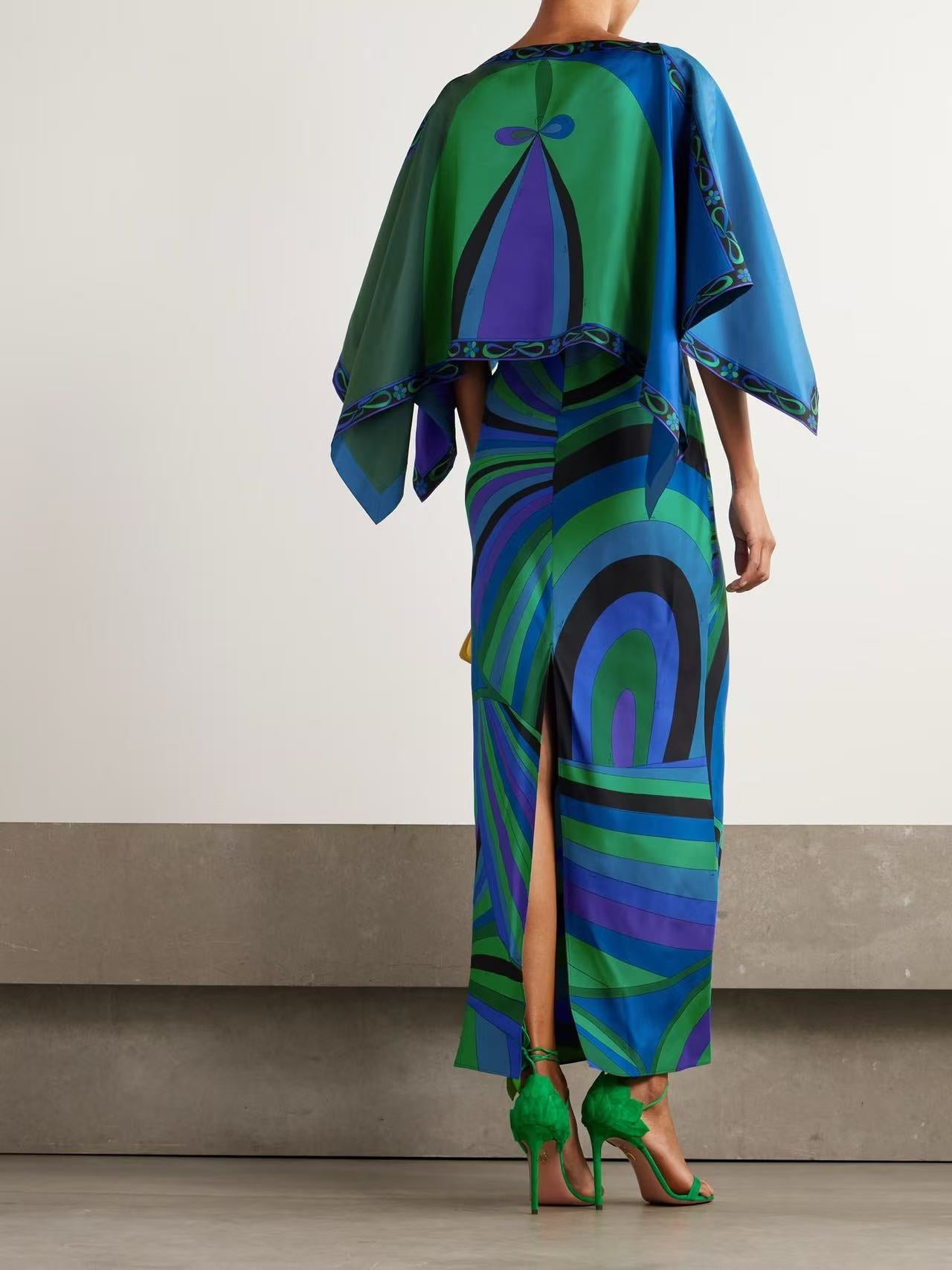 Pucci 2026 Layered Printed Maxi Dress Blue Green Purple Silk