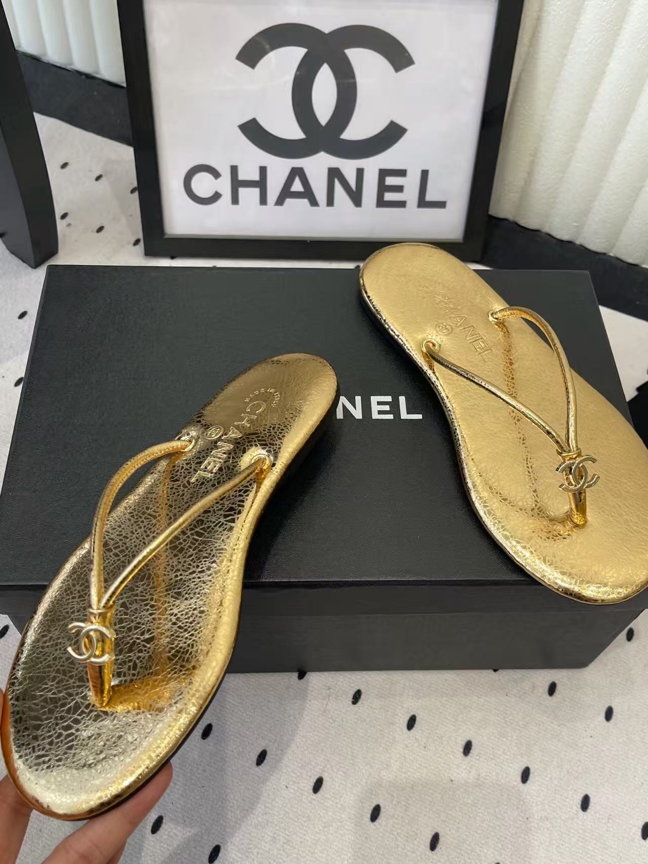 Chanel 2026 Thong Sandal Gold Sheepskin
