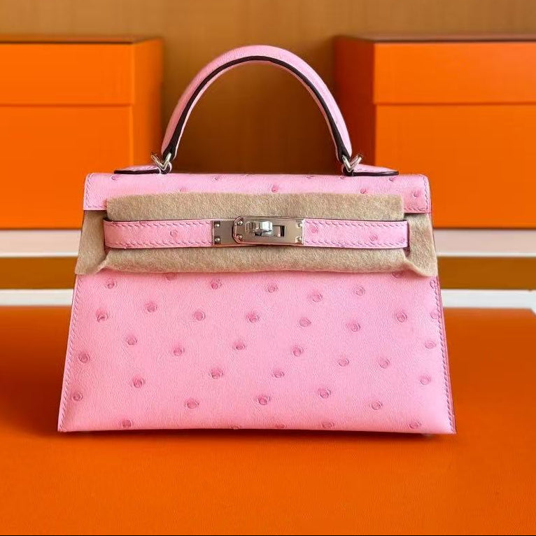HM Mini Kelly 19cm Pink Ostrich Silver Hardware