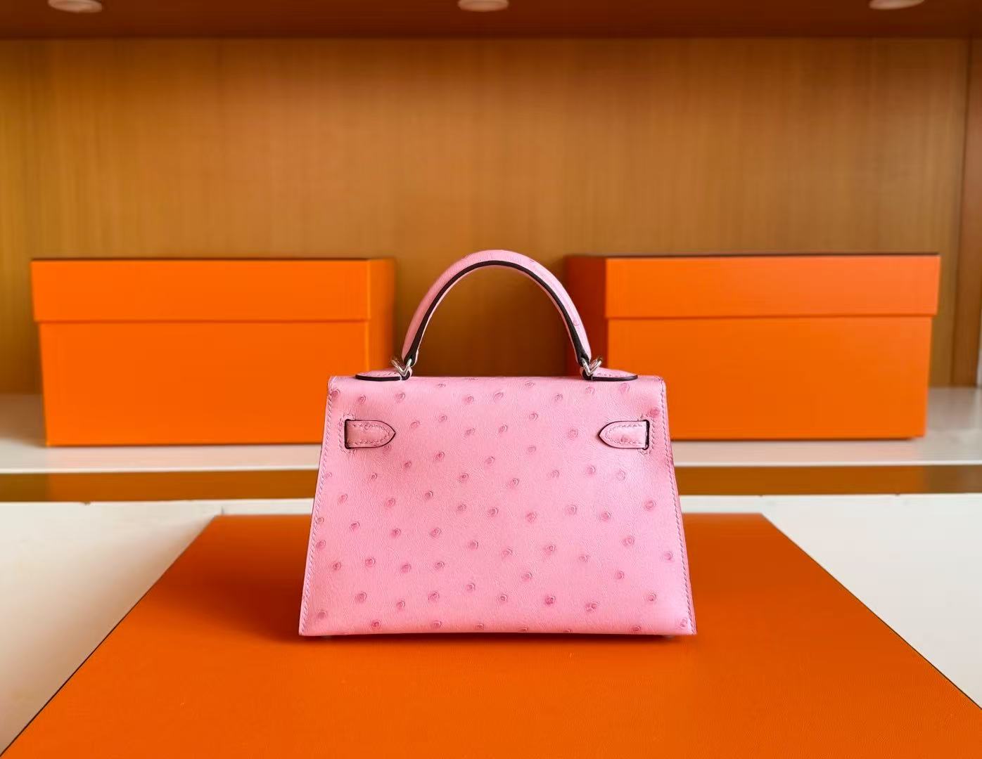 HM Mini Kelly 19cm Pink Ostrich Silver Hardware