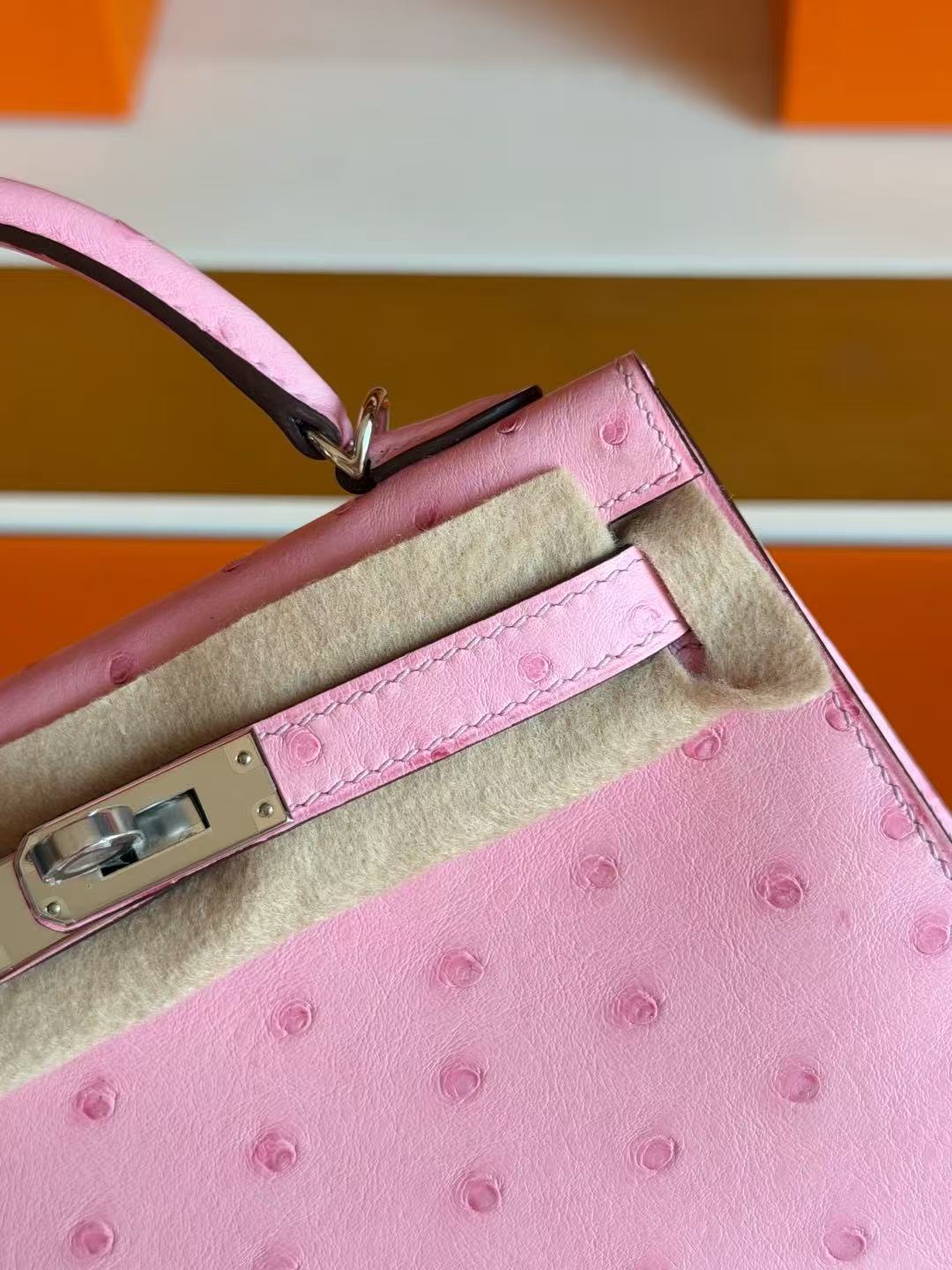 HM Mini Kelly 19cm Pink Ostrich Silver Hardware