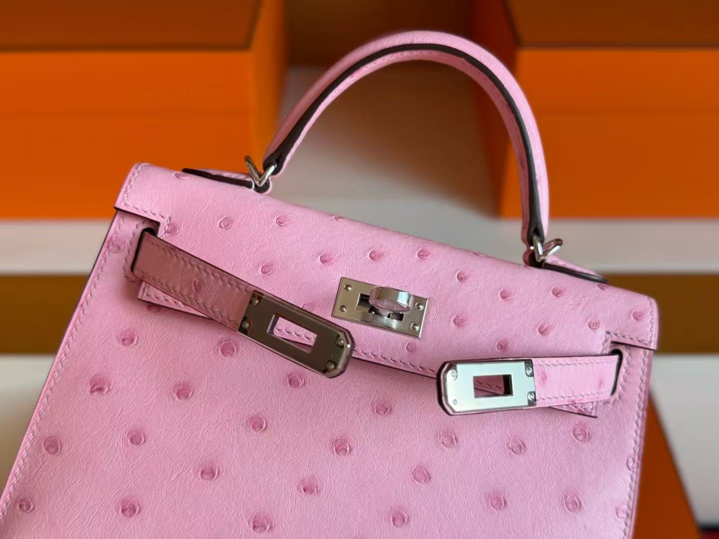 HM Mini Kelly 19cm Pink Ostrich Silver Hardware