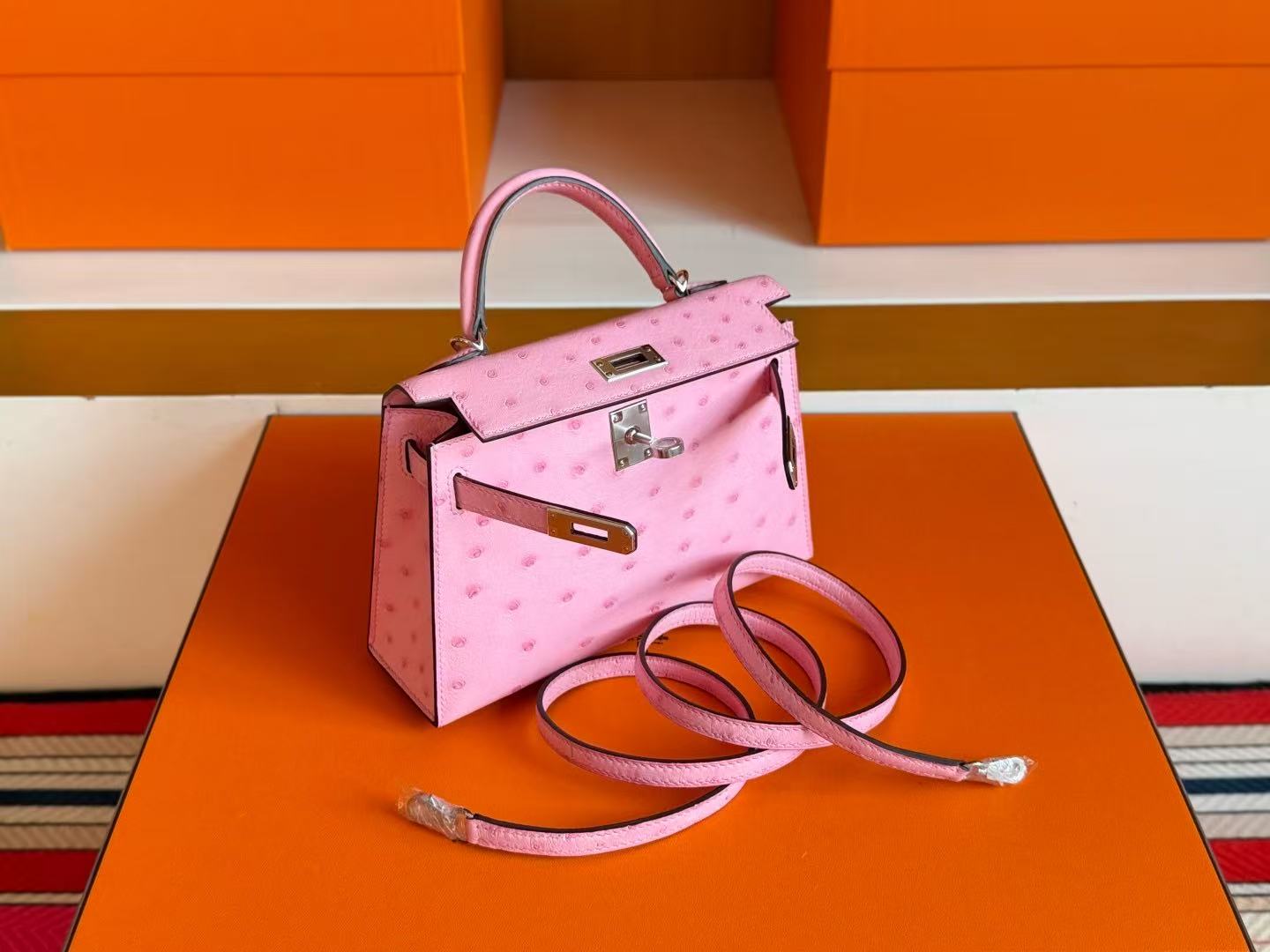 HM Mini Kelly 19cm Pink Ostrich Silver Hardware