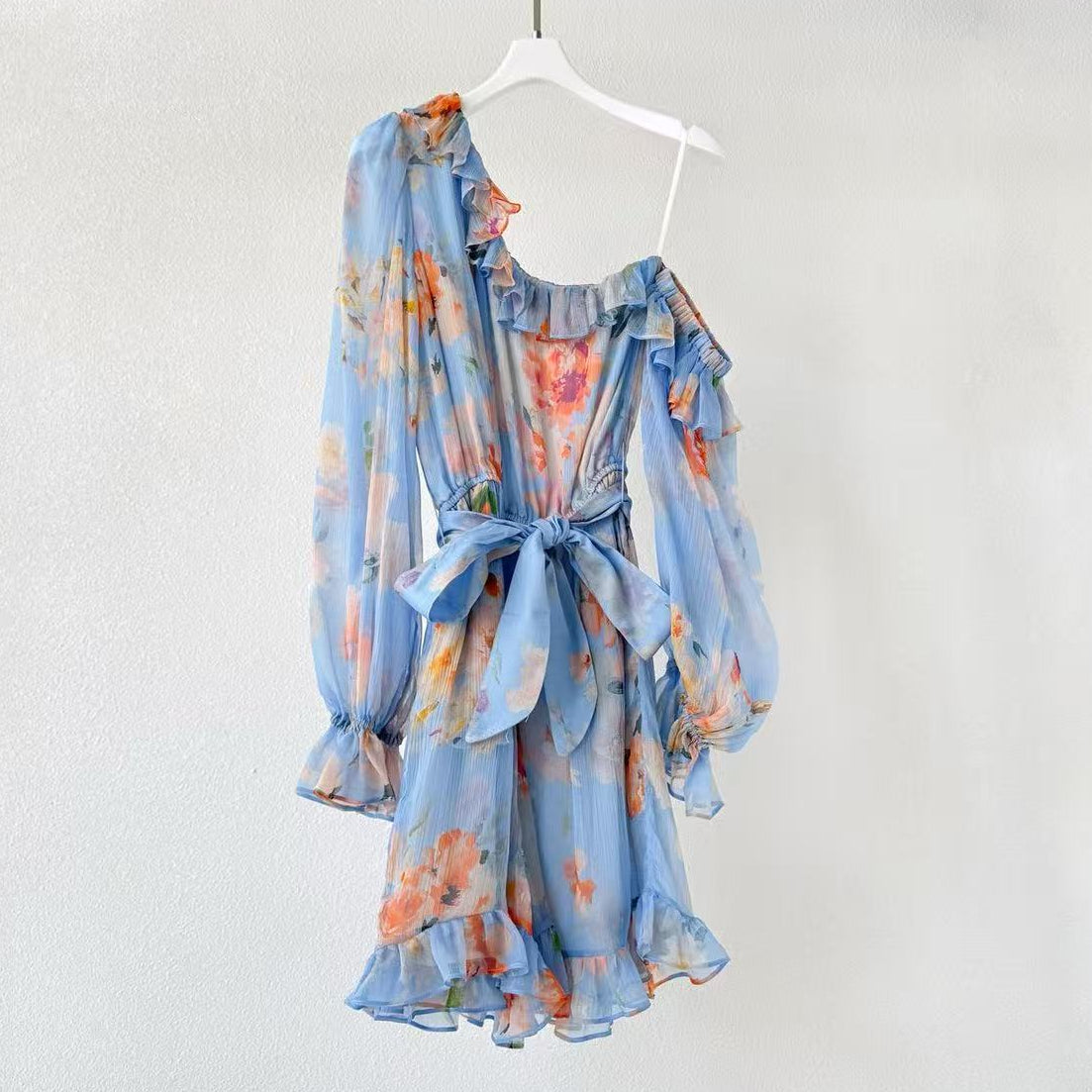 Hemant & Nandita 2026 One-shoulder Belted Romper Blue Mix Colors Linen