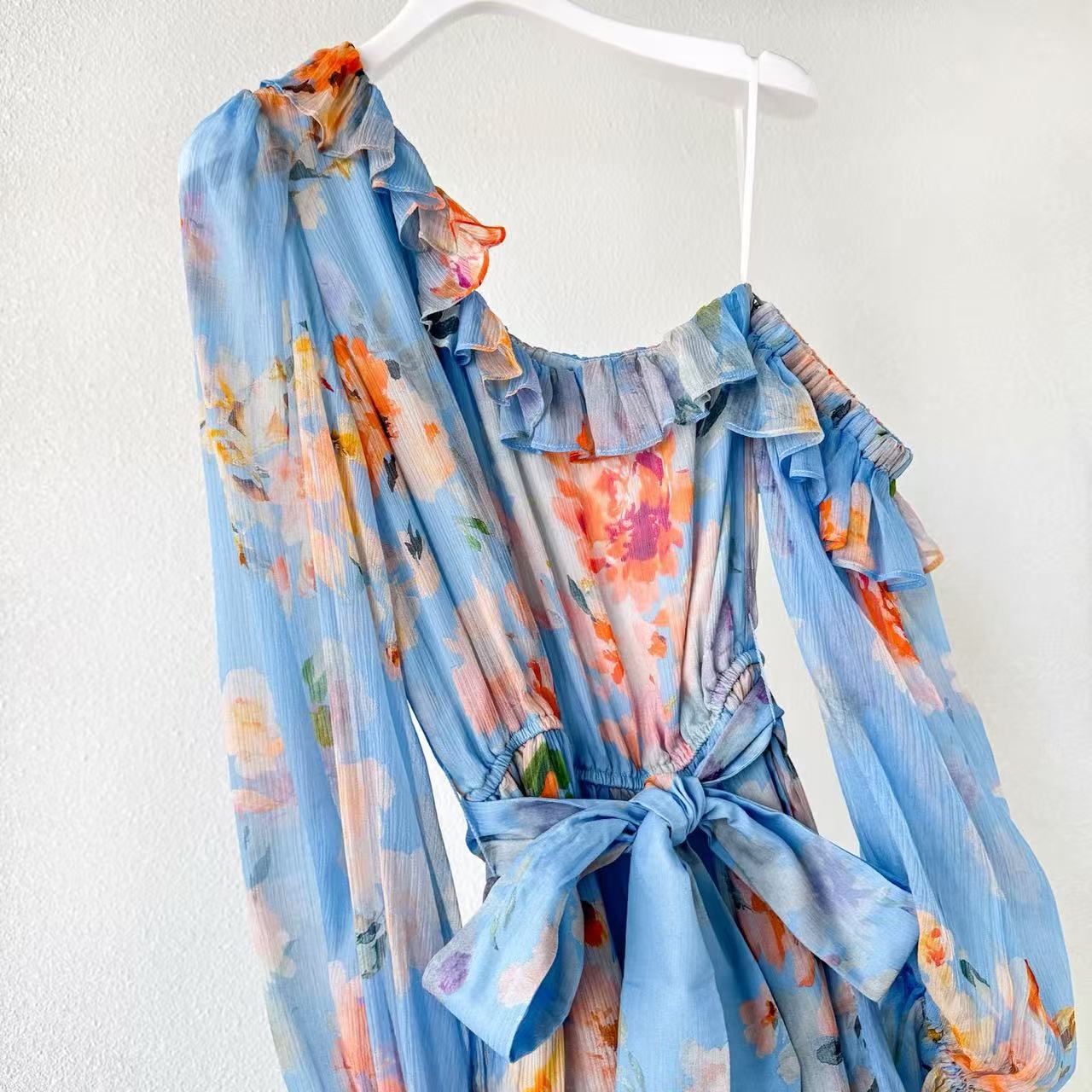 Hemant & Nandita 2026 One-shoulder Belted Romper Blue Mix Colors Linen