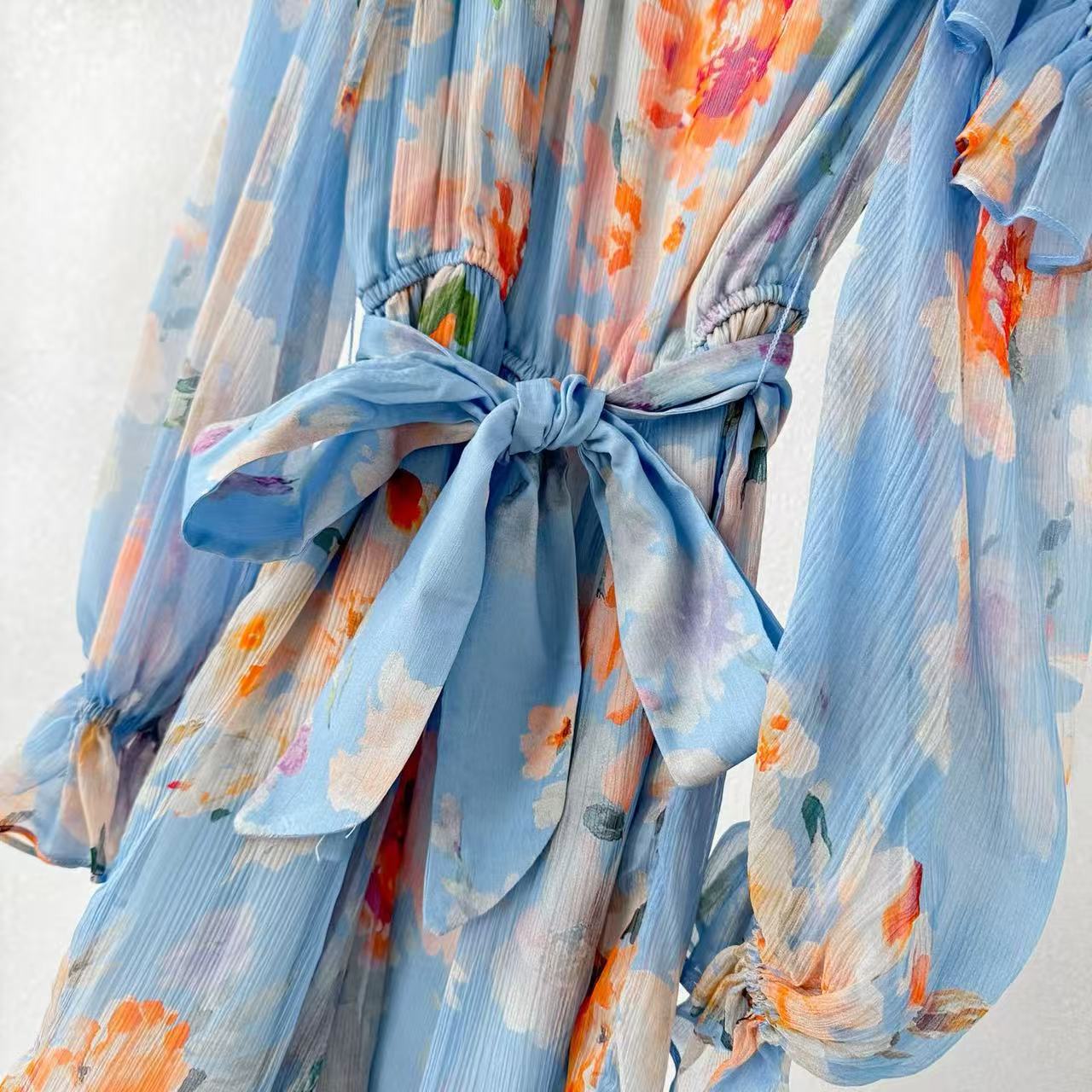 Hemant & Nandita 2026 One-shoulder Belted Romper Blue Mix Colors Linen