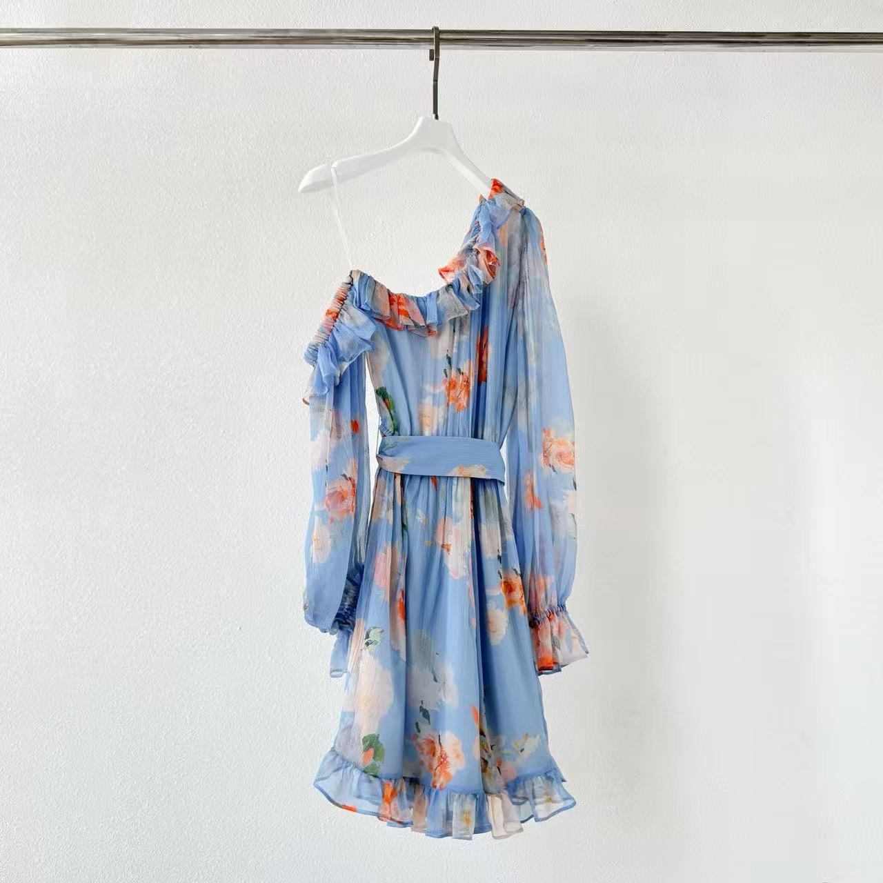 Hemant & Nandita 2026 One-shoulder Belted Romper Blue Mix Colors Linen