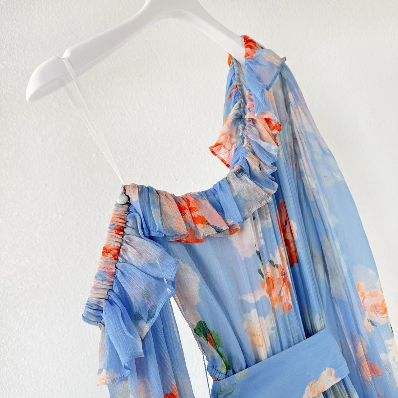 Hemant & Nandita 2026 One-shoulder Belted Romper Blue Mix Colors Linen