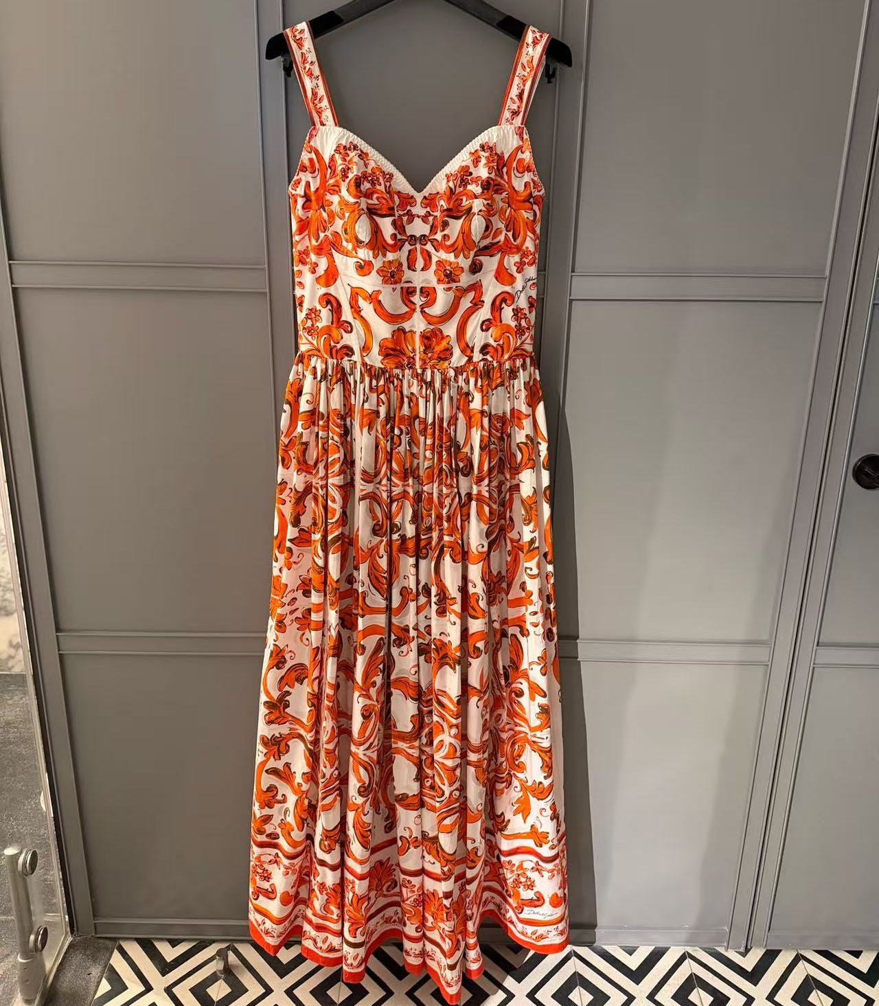 Dolce & Gabbana 2026 Majolica-print Long Dress Orange White Poplin