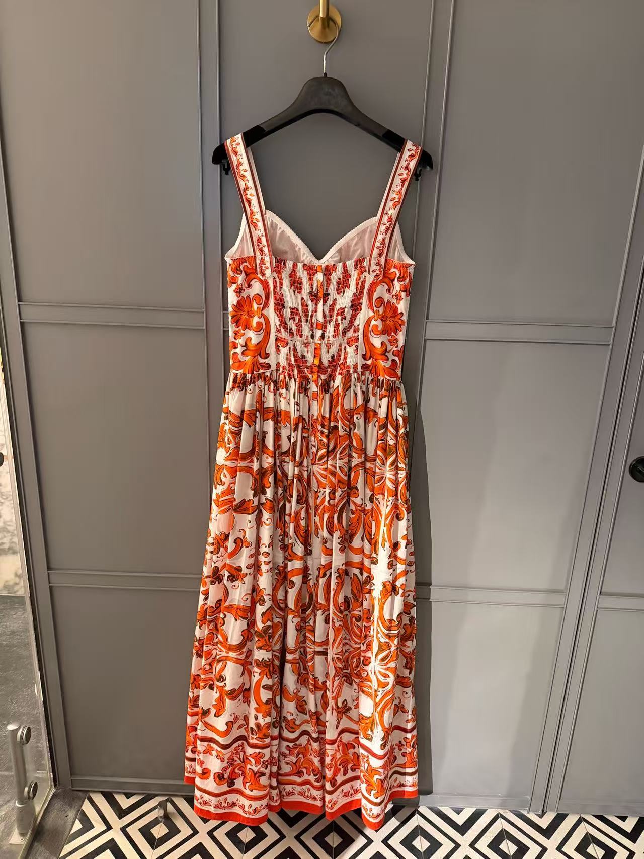 Dolce & Gabbana 2026 Majolica-print Long Dress Orange White Poplin