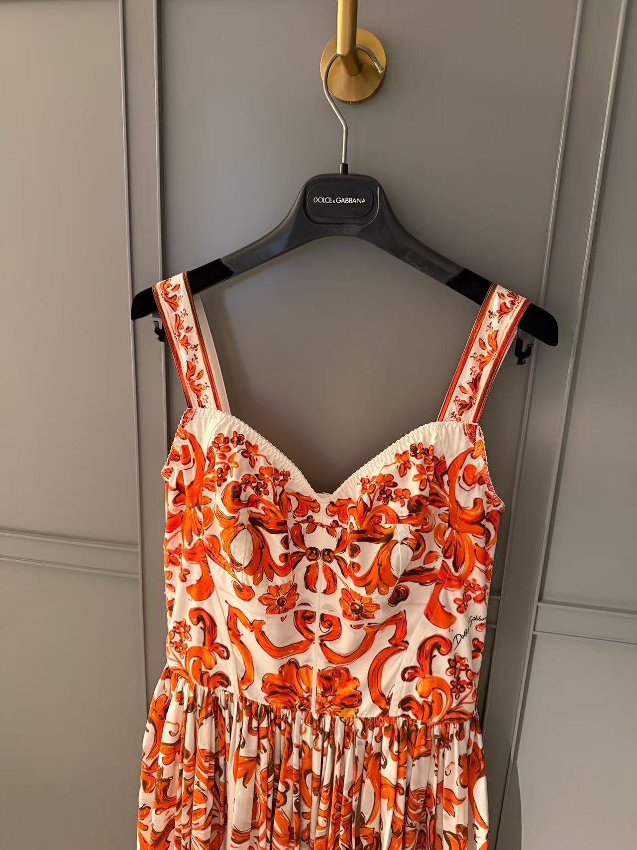 Dolce & Gabbana 2026 Majolica-print Long Dress Orange White Poplin