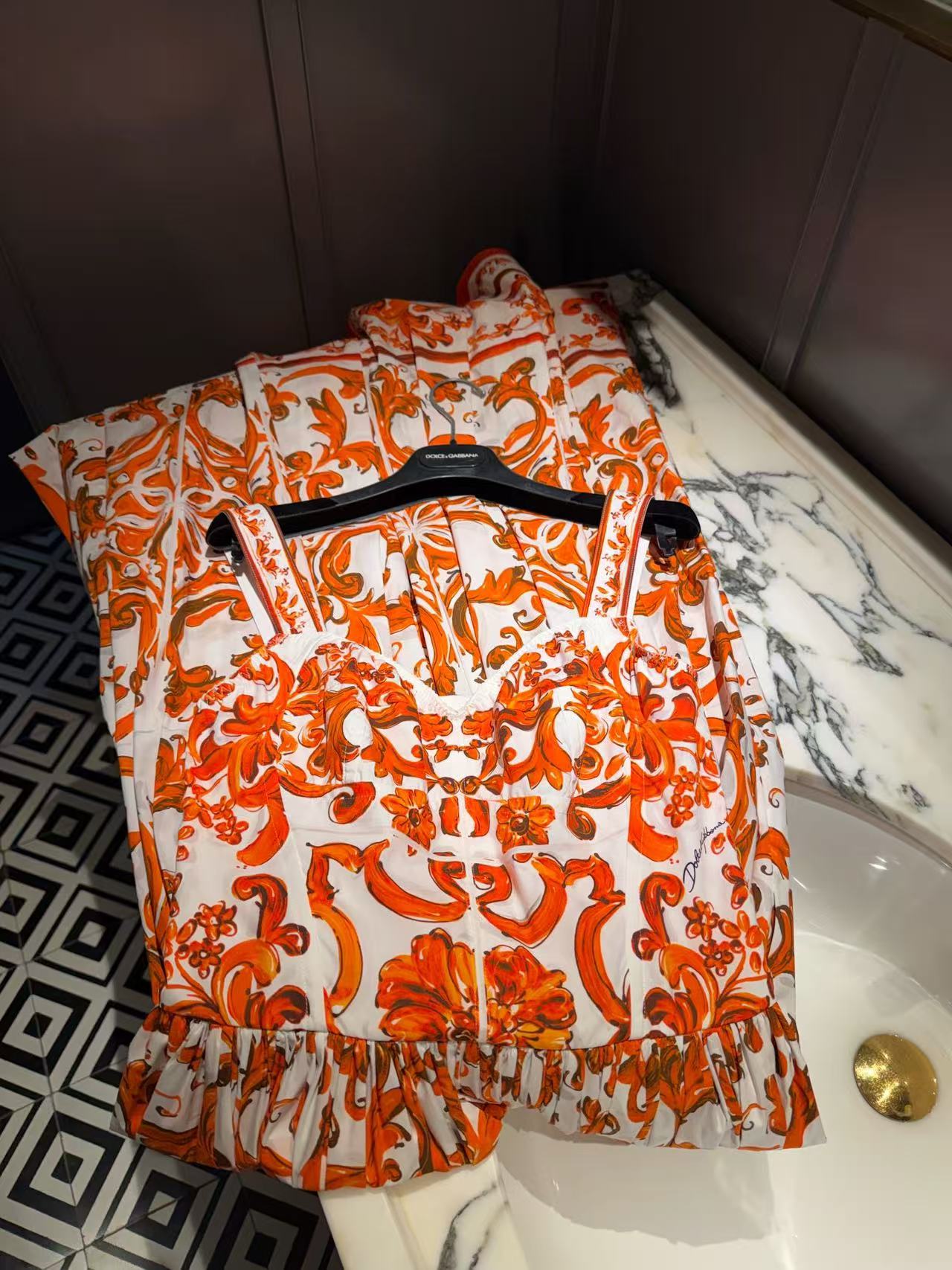 Dolce & Gabbana 2026 Majolica-print Long Dress Orange White Poplin