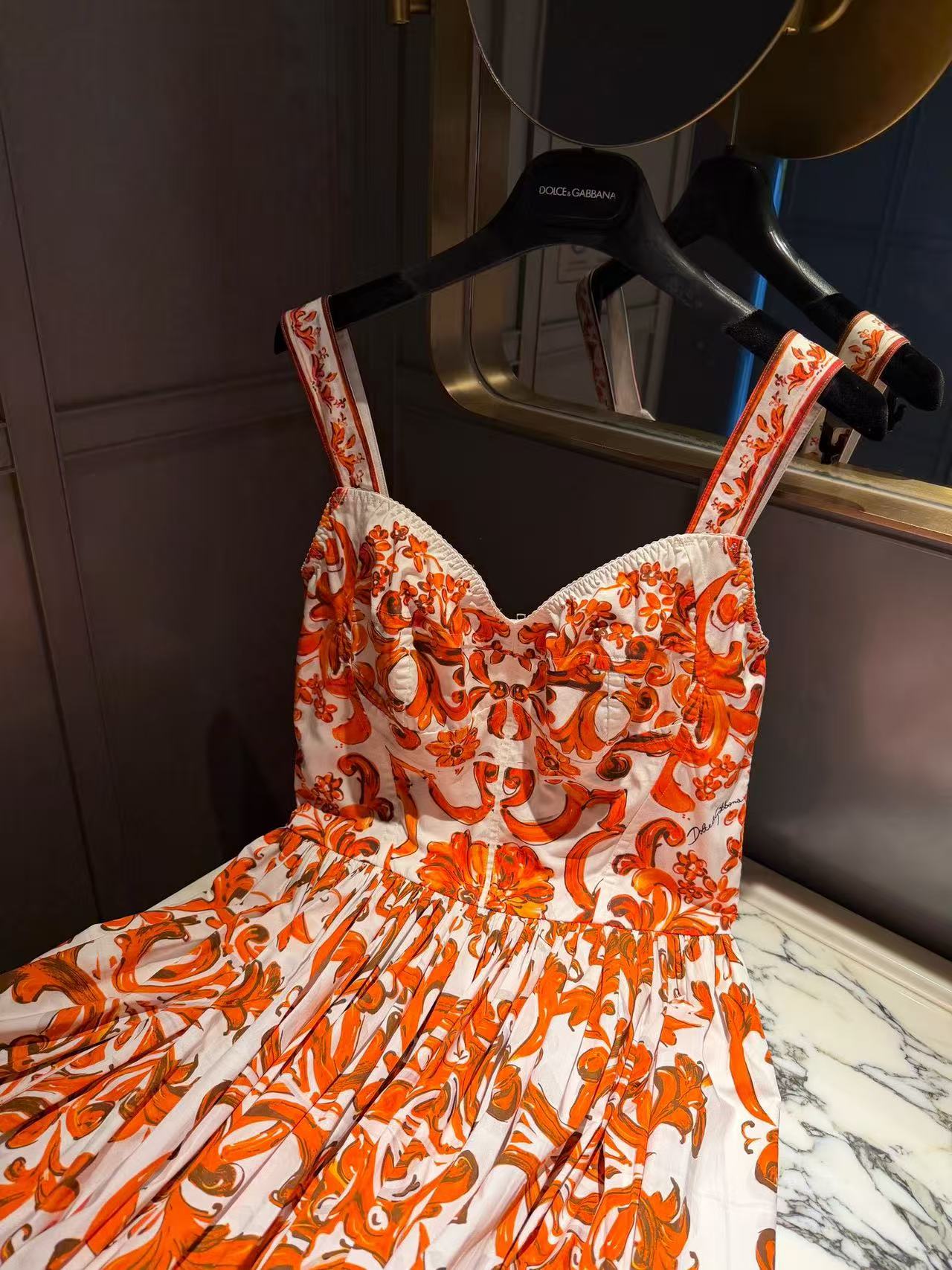 Dolce & Gabbana 2026 Majolica-print Long Dress Orange White Poplin