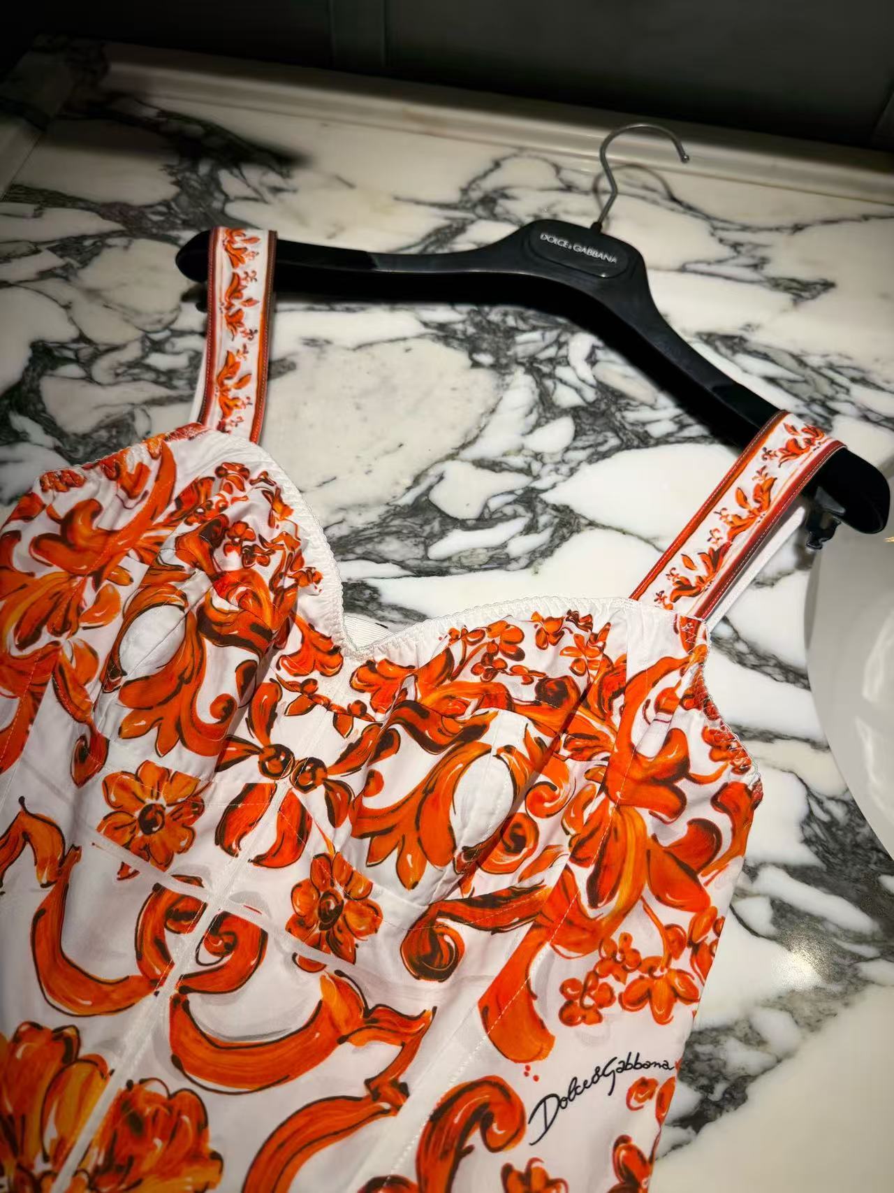 Dolce & Gabbana 2026 Majolica-print Long Dress Orange White Poplin
