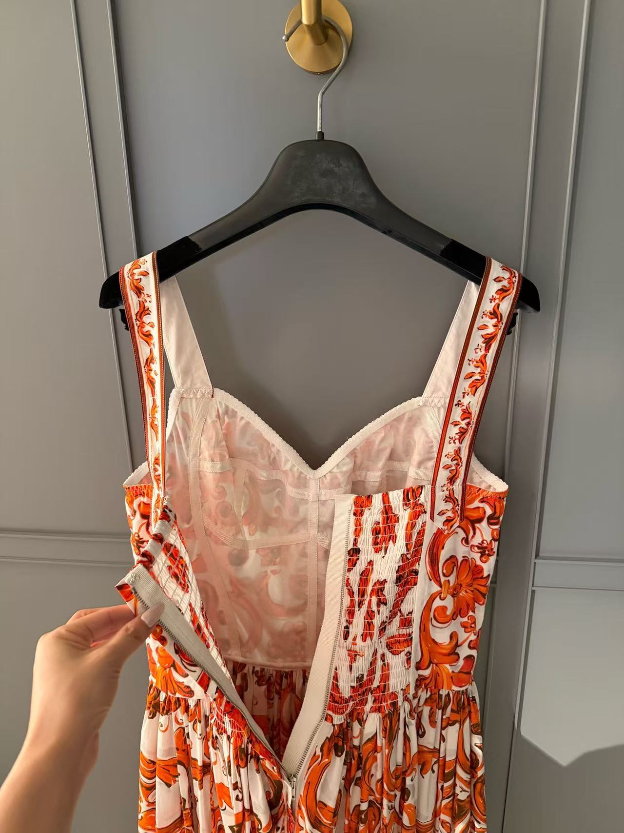 Dolce & Gabbana 2026 Majolica-print Long Dress Orange White Poplin