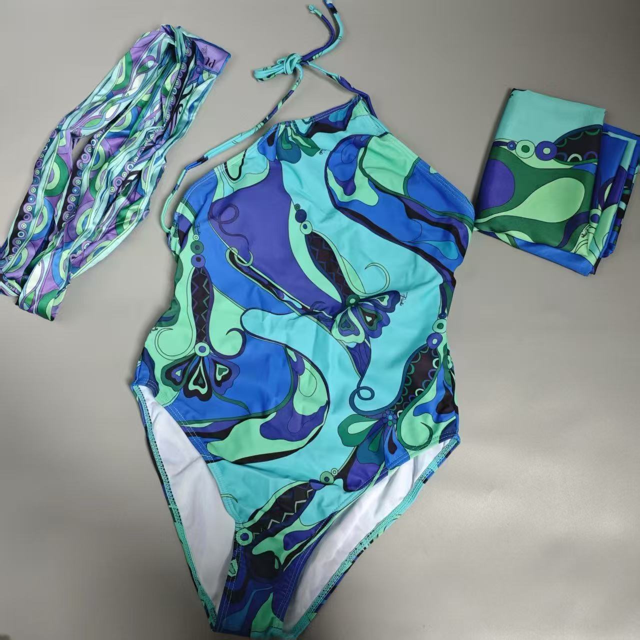 Pucci 2026 One-piece Swimsuit Blue Green Linen