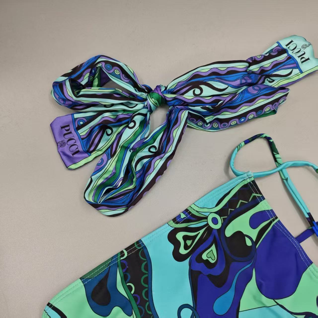Pucci 2026 One-piece Swimsuit Blue Green Linen