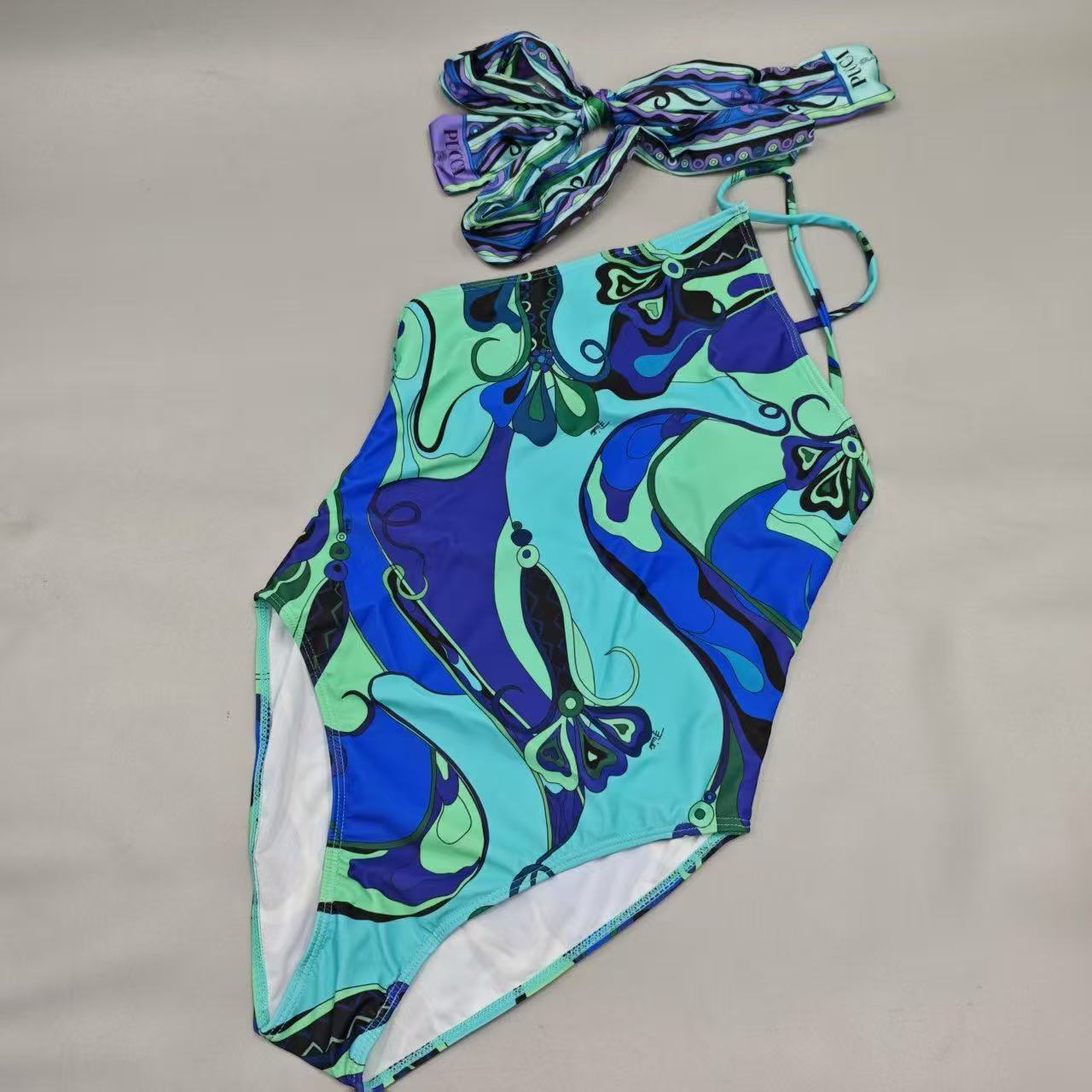 Pucci 2026 One-piece Swimsuit Blue Green Linen