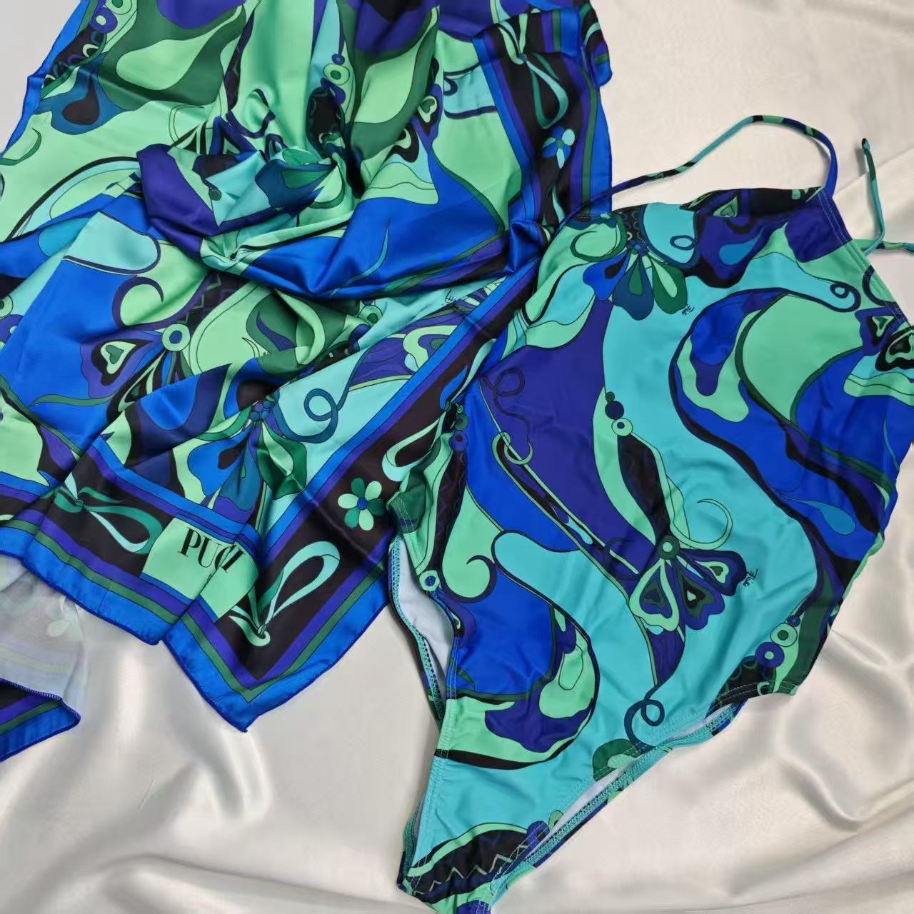 Pucci 2026 One-piece Swimsuit Blue Green Linen