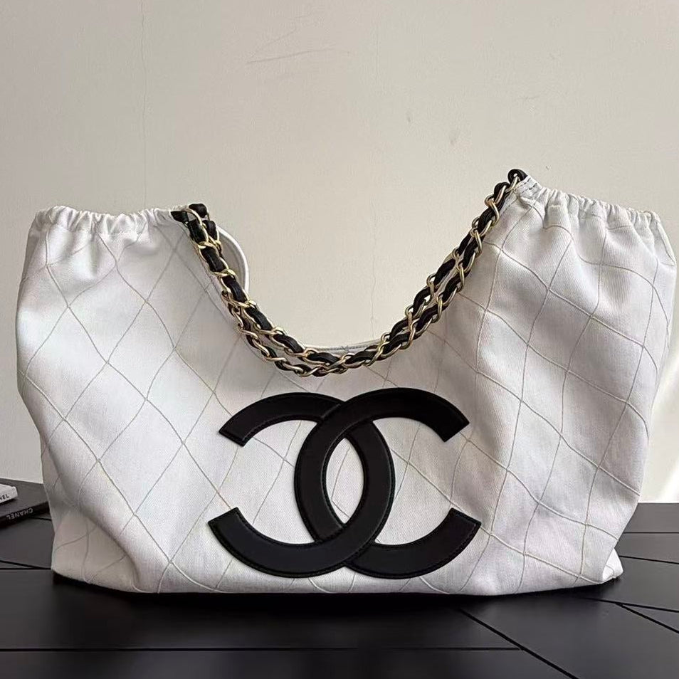 Chanel 2026 Bag 43cm White Black Denim Leather