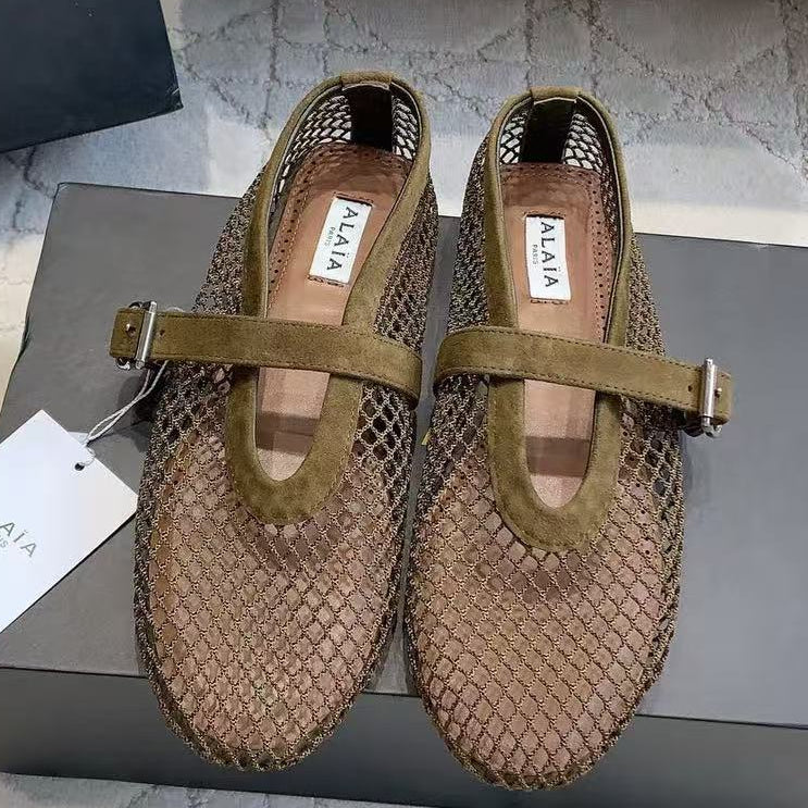 Alaia 2026 Laminated Fishnet Ballet Flats Olive Green Suede Mesh
