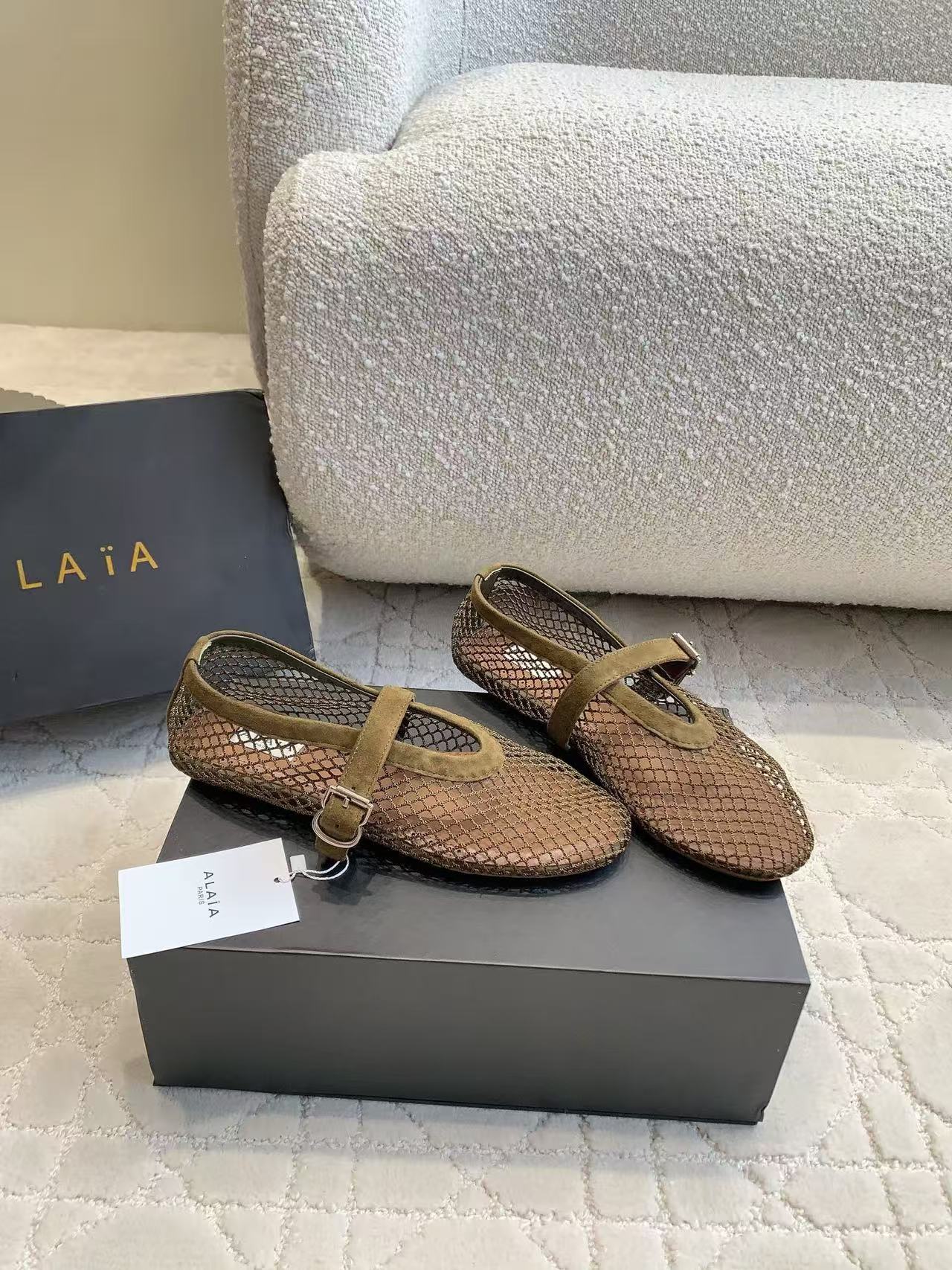 Alaia 2026 Laminated Fishnet Ballet Flats Olive Green Suede Mesh