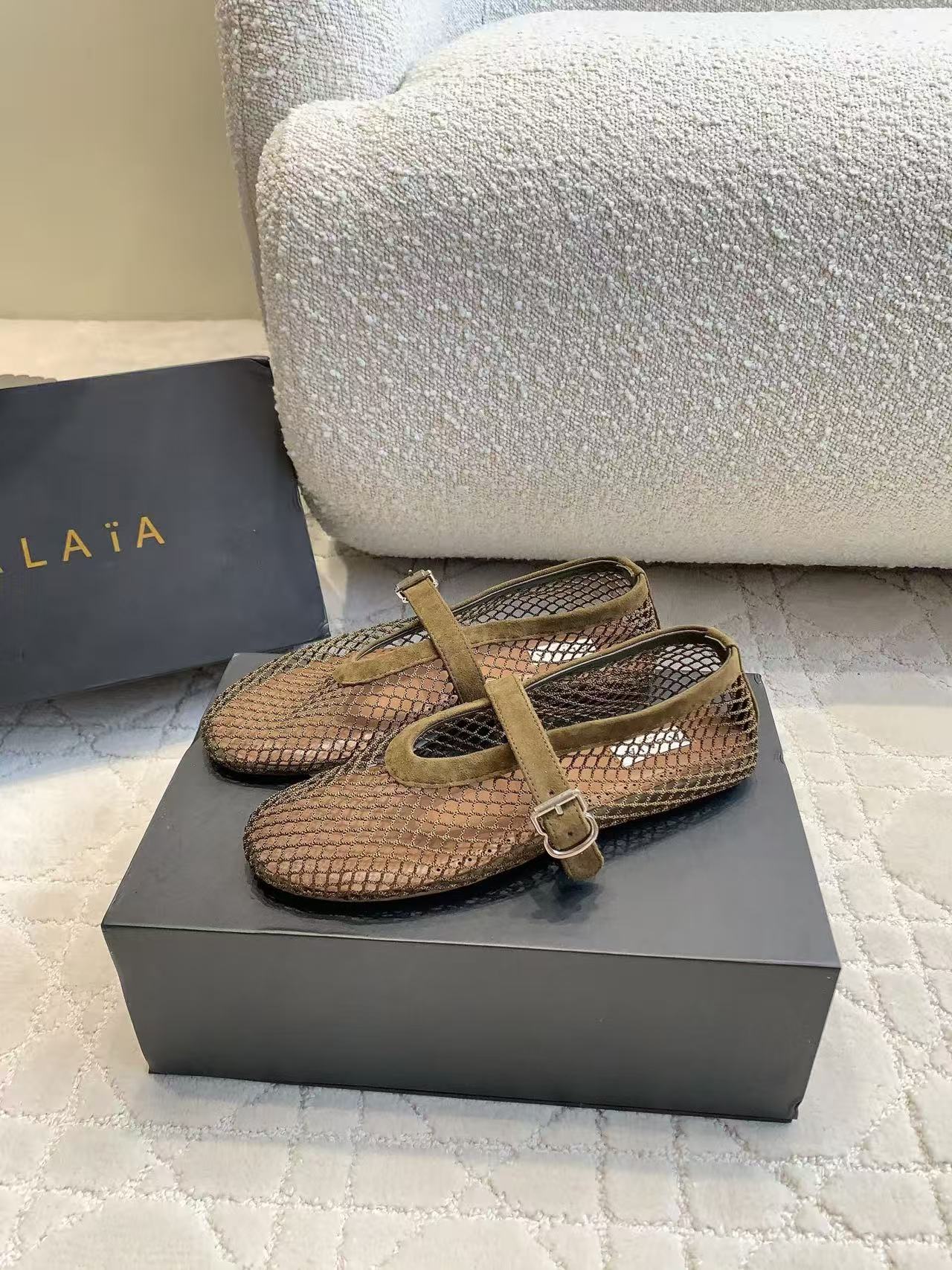 Alaia 2026 Laminated Fishnet Ballet Flats Olive Green Suede Mesh