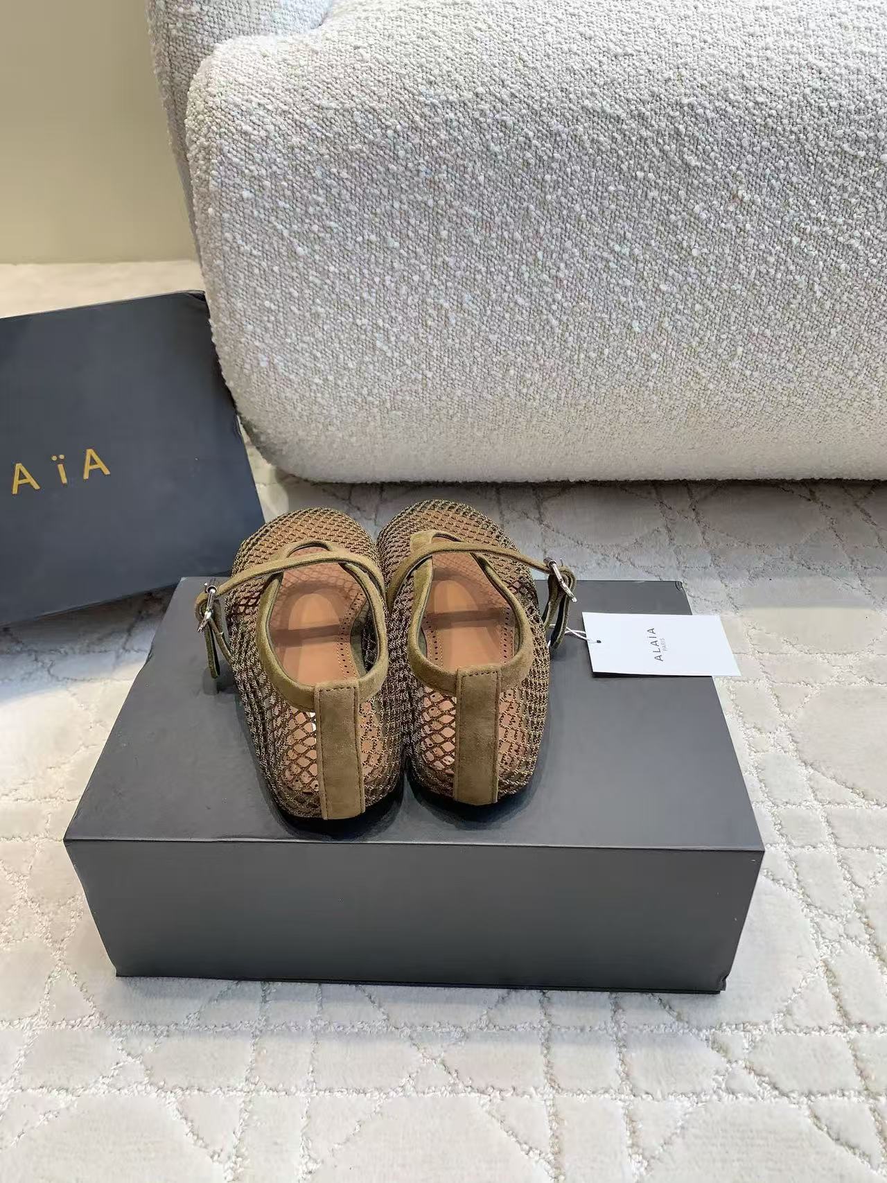 Alaia 2026 Laminated Fishnet Ballet Flats Olive Green Suede Mesh