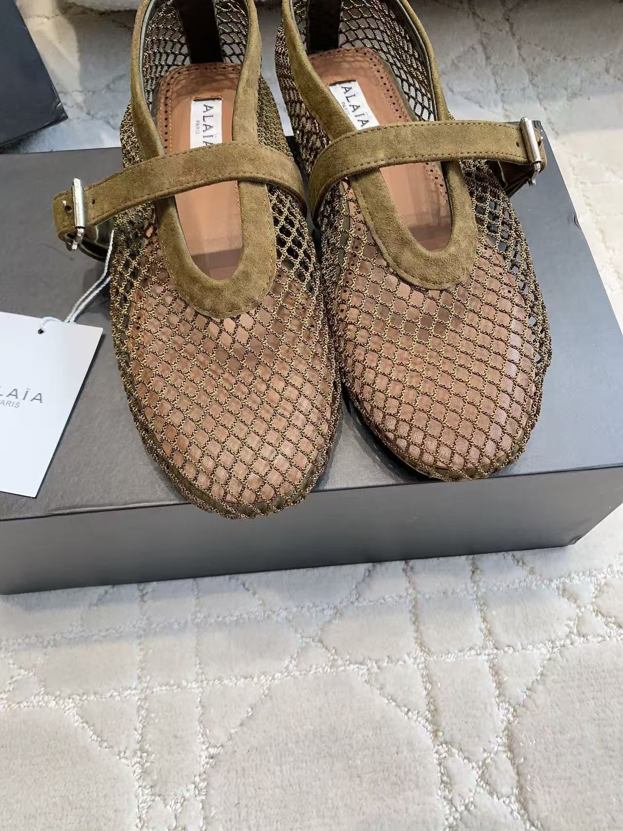 Alaia 2026 Laminated Fishnet Ballet Flats Olive Green Suede Mesh