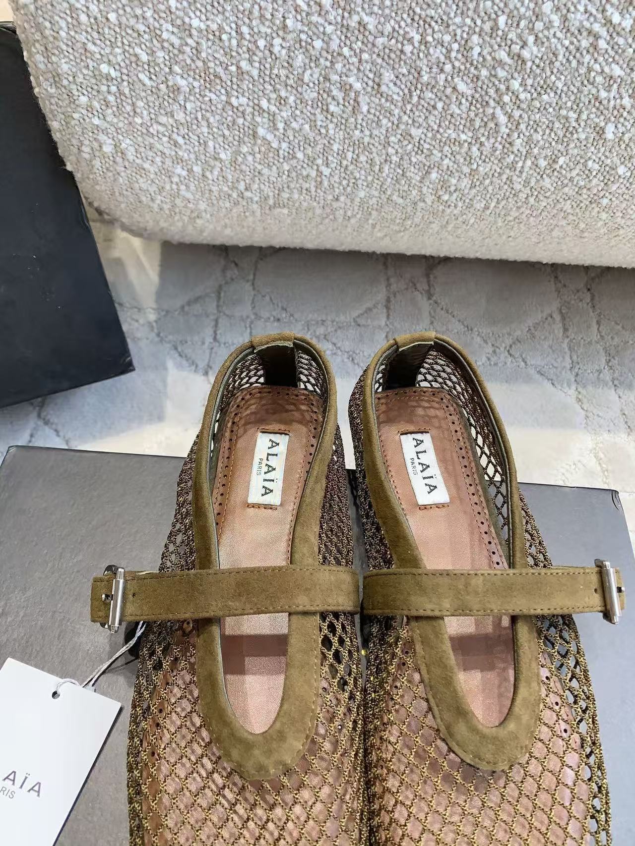 Alaia 2026 Laminated Fishnet Ballet Flats Olive Green Suede Mesh