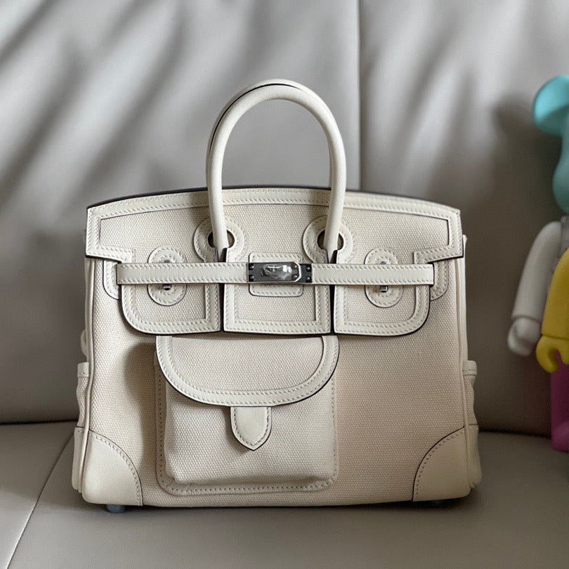 Hermes 2026 Birkin 25 Cargo Bag White Canvas mix Swift Leather