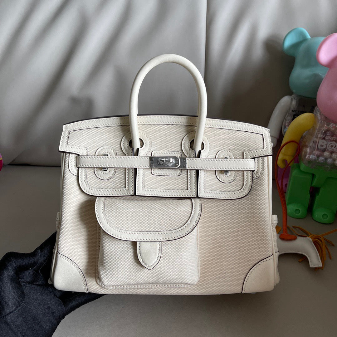 Hermes 2026 Birkin 25 Cargo Bag White Canvas mix Swift Leather