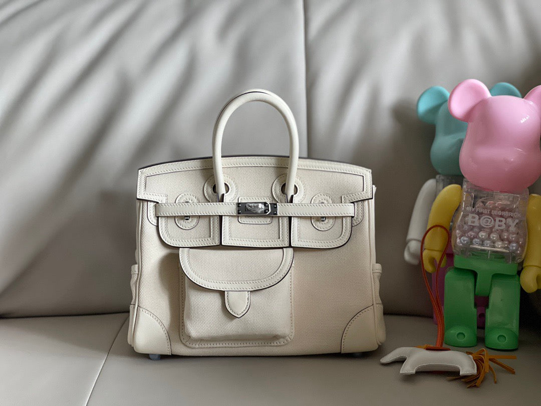 Hermes 2026 Birkin 25 Cargo Bag White Canvas mix Swift Leather