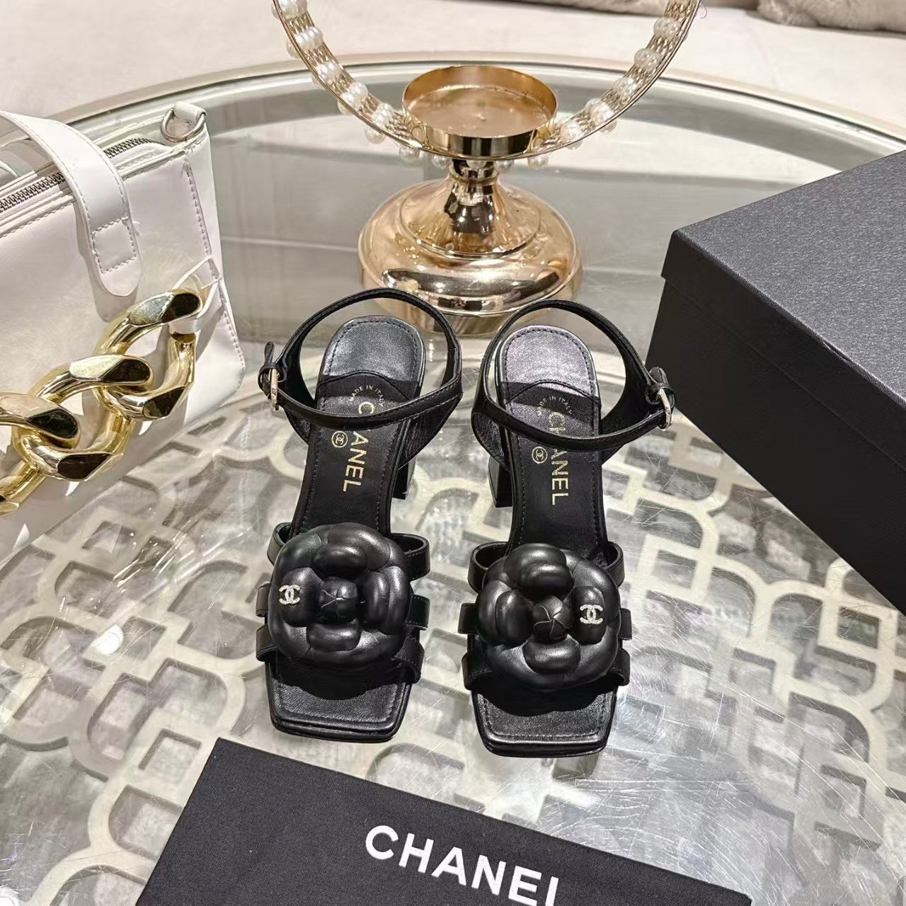 Chanel 2026 Camellia Flower Sandal 90mm Black Sheepskin