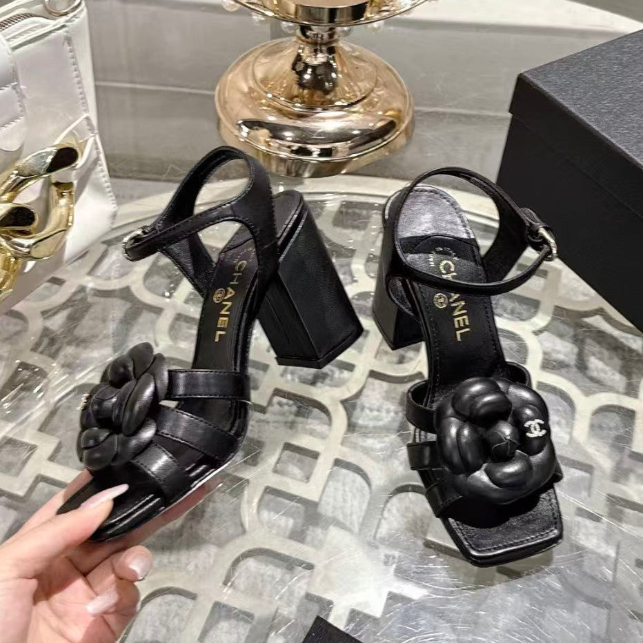 Chanel 2026 Camellia Flower Sandal 90mm Black Sheepskin