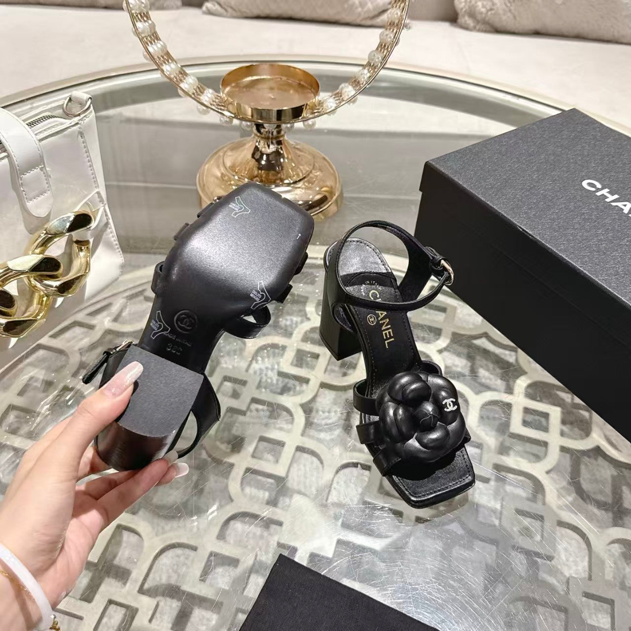 Chanel 2026 Camellia Flower Sandal 90mm Black Sheepskin