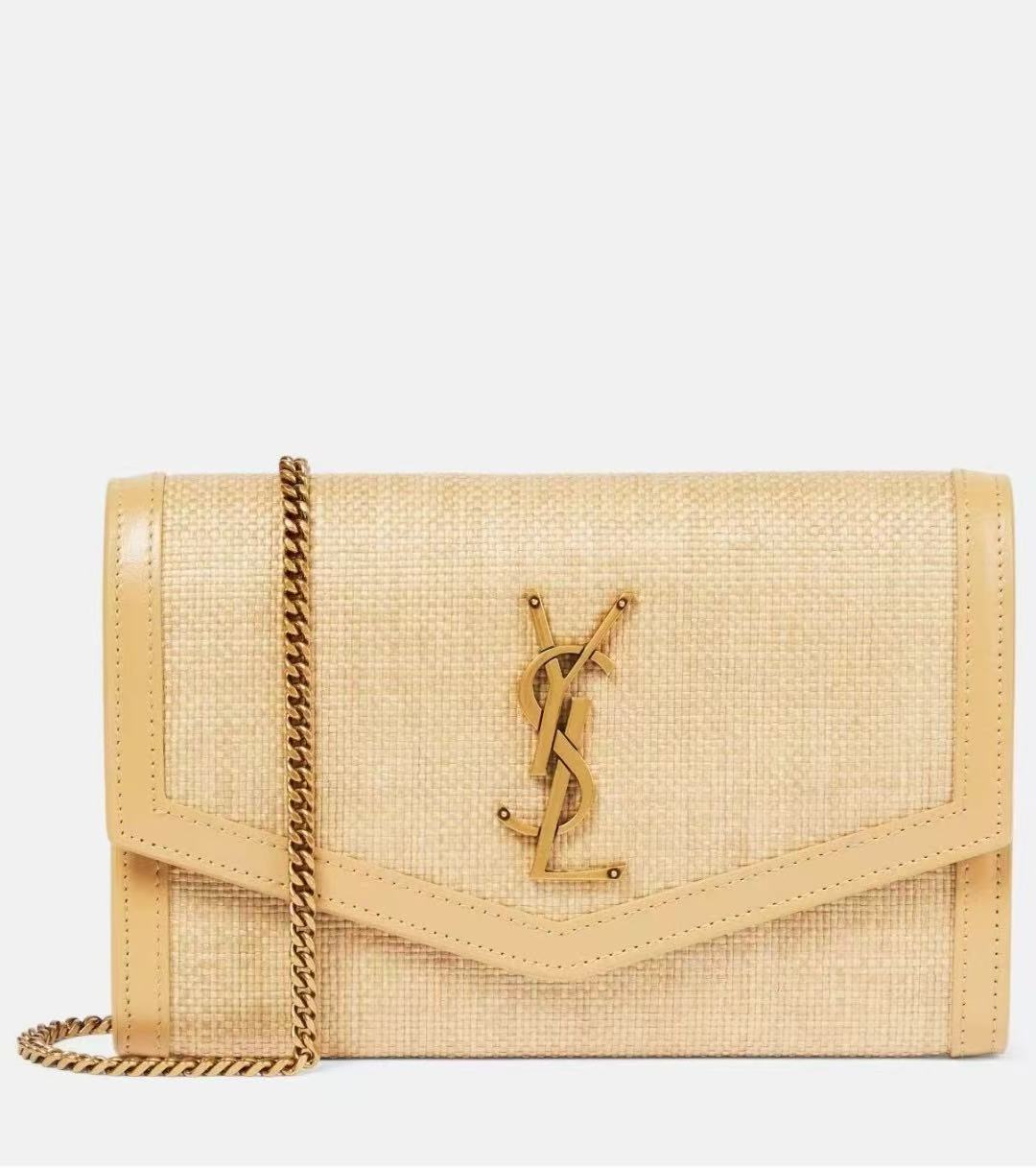 YSL 2026 Uptown Wallet On Chain 19cm Beige Raffia