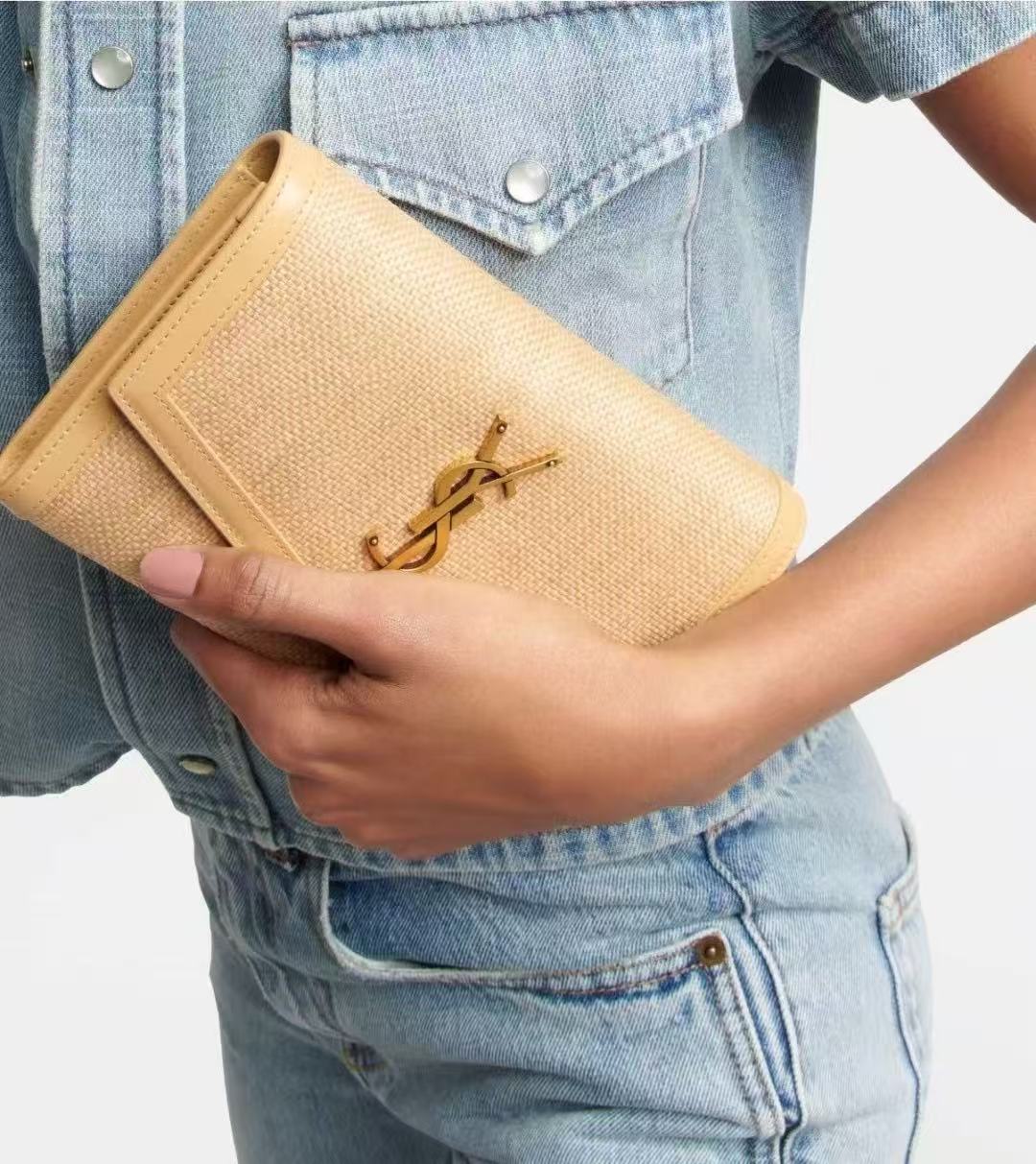 YSL 2026 Uptown Wallet On Chain 19cm Beige Raffia