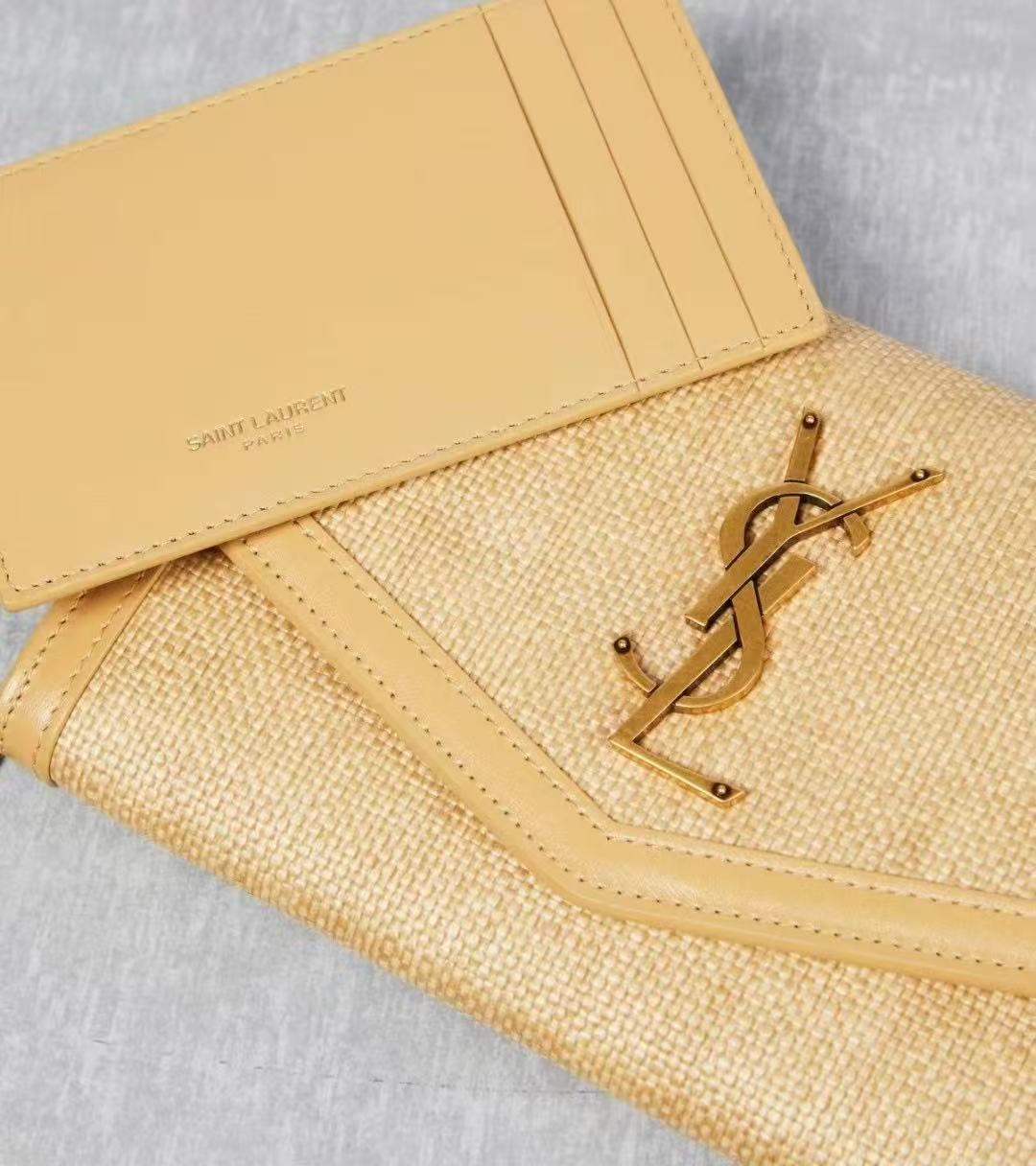YSL 2026 Uptown Wallet On Chain 19cm Beige Raffia