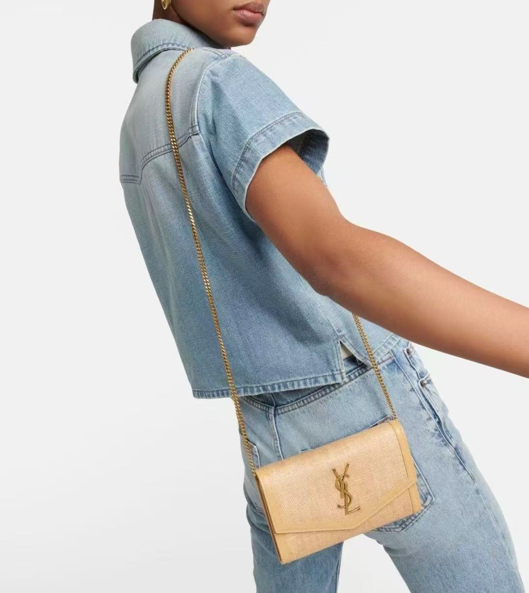 YSL 2026 Uptown Wallet On Chain 19cm Beige Raffia