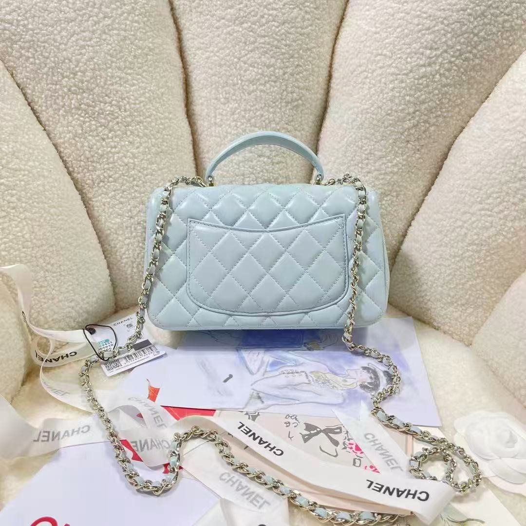 Chanel 2026 Top Handle Rectangular Flap Bag 20cm Light Blue Quilted Lambskin