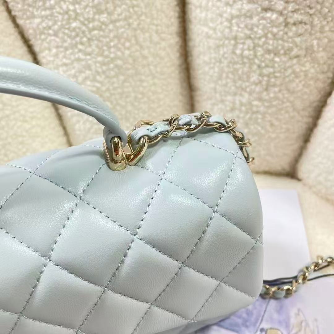 Chanel 2026 Top Handle Rectangular Flap Bag 20cm Light Blue Quilted Lambskin