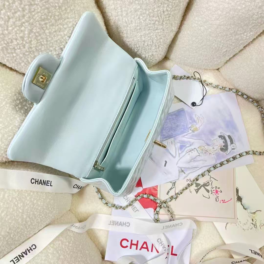 Chanel 2026 Top Handle Rectangular Flap Bag 20cm Light Blue Quilted Lambskin