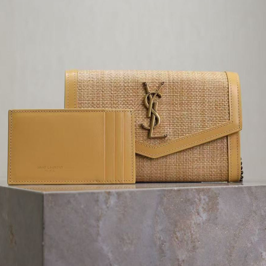 YSL 2026 Uptown Wallet On Chain 19cm Beige Raffia