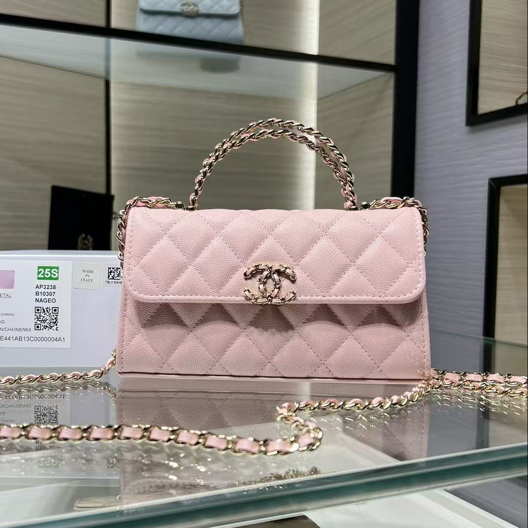 Chanel 2026 Kelly Clutch with Chain Top Handle 18cm Pink Caviar Leather