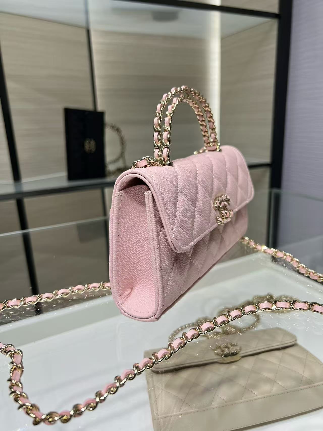 Chanel 2026 Kelly Clutch with Chain Top Handle 18cm Pink Caviar Leather