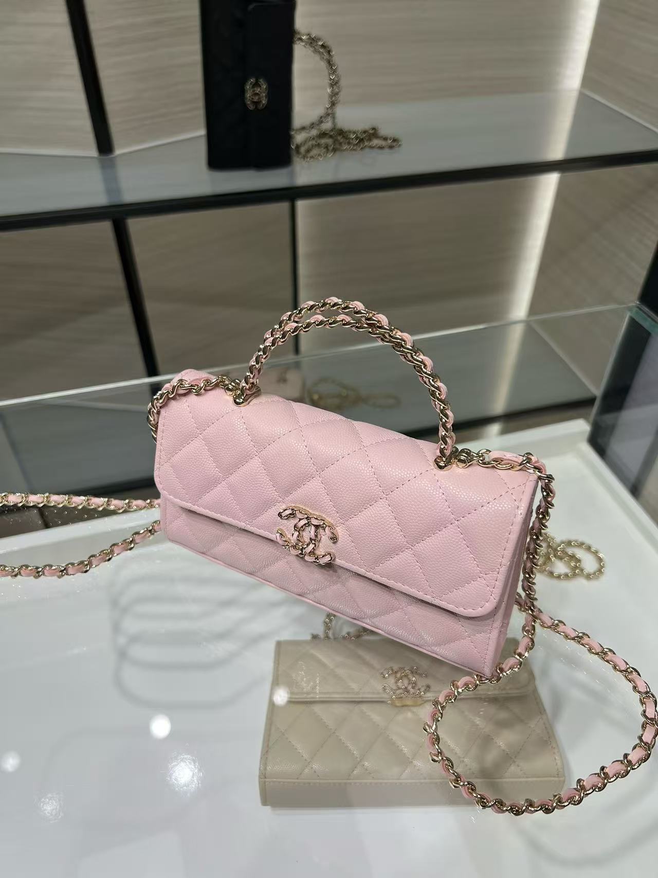 Chanel 2026 Kelly Clutch with Chain Top Handle 18cm Pink Caviar Leather