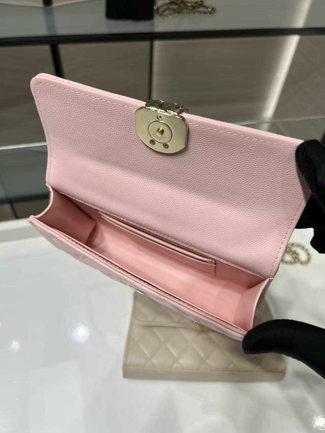 Chanel 2026 Kelly Clutch with Chain Top Handle 18cm Pink Caviar Leather
