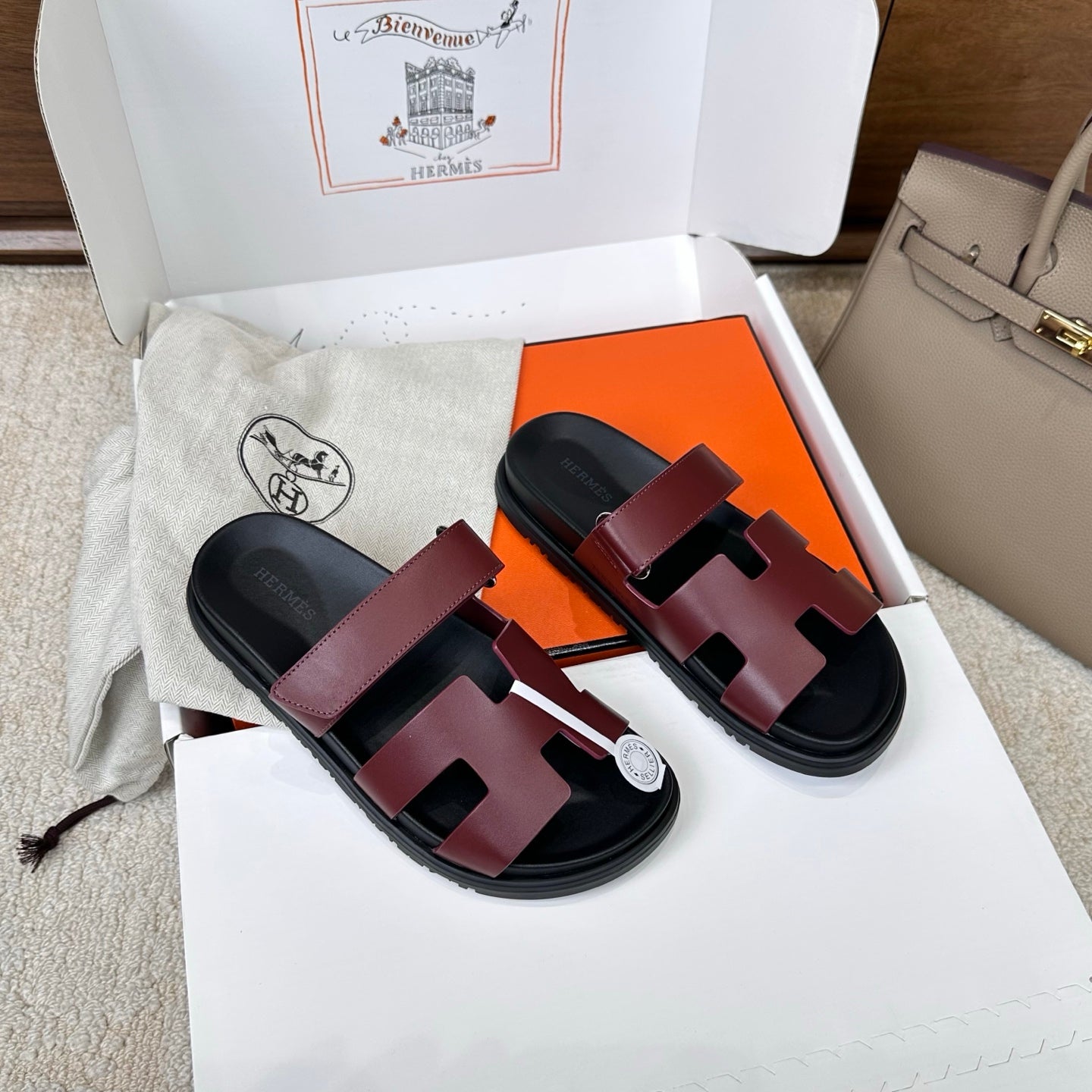 Hermes 2026 Chypre Sandal Burgundy mix Black Calfskin 862404